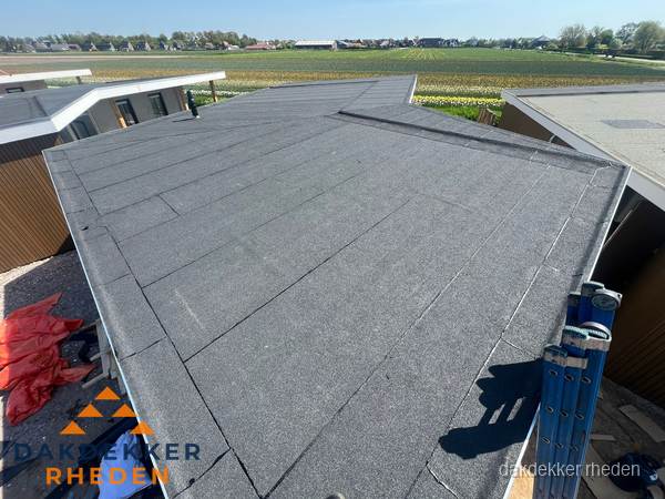 Nieuw bitumen plat dak met uitzicht over landschap in Rheden